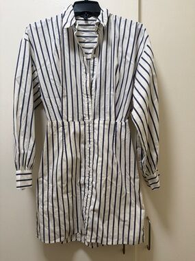 Express White and Navy Striped Shirt Mini Dress